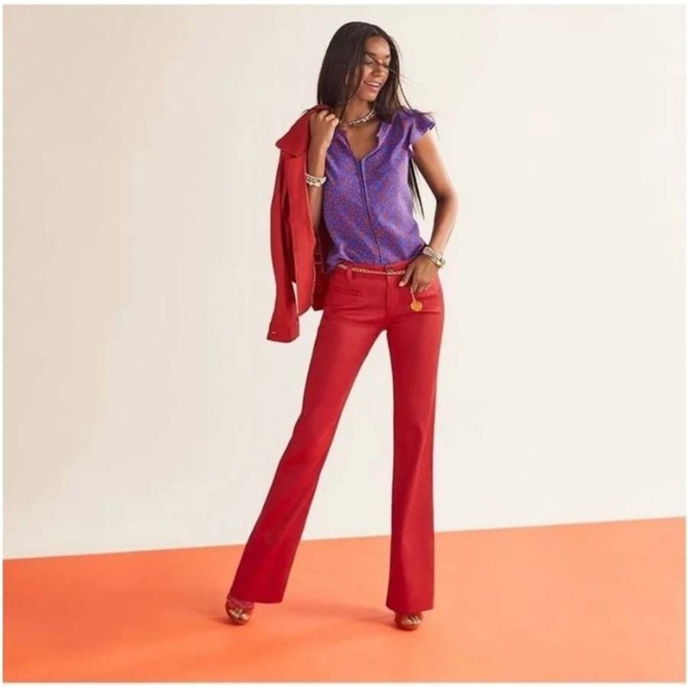Cabi Valentine Trousers Women 10 Red Linen Blend Flare Leg Pants Office 5503L